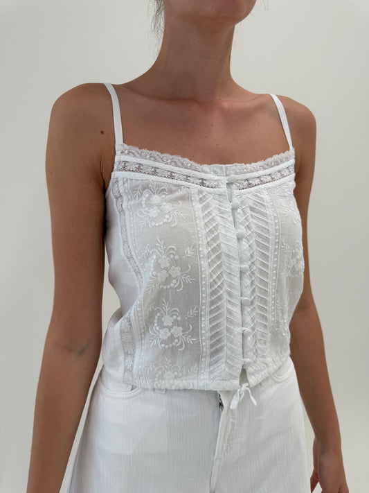 Top vintage excepțional din museline de bumbac cu broderie și dantelă fină