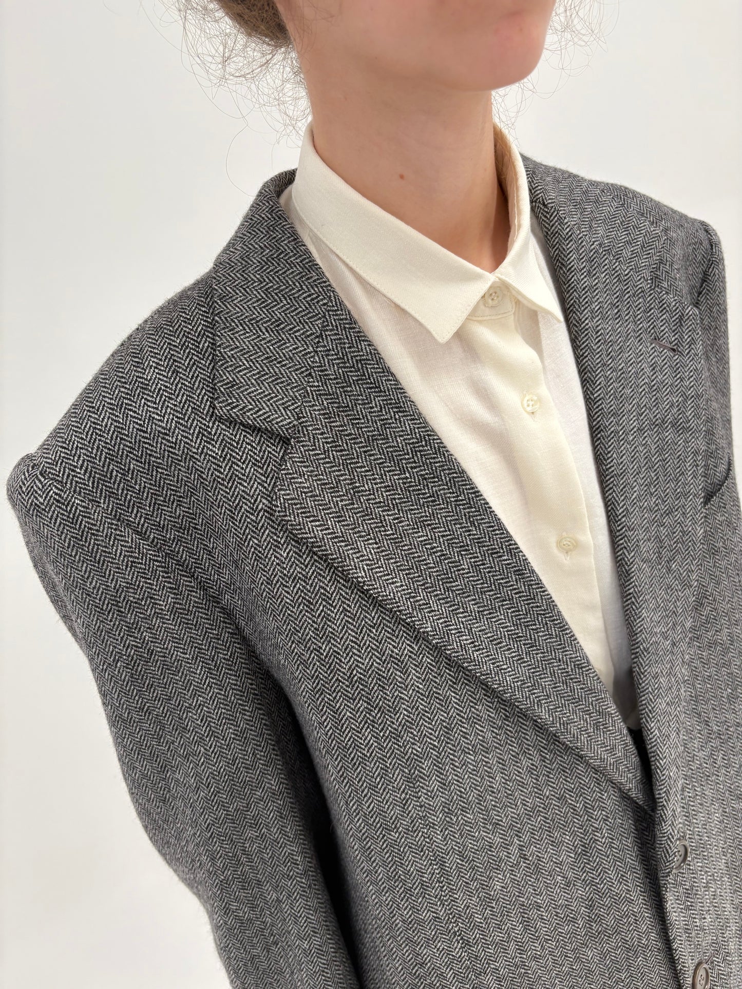 Sacou couture din stofă de lana și cașmir Chevron alb cu negru