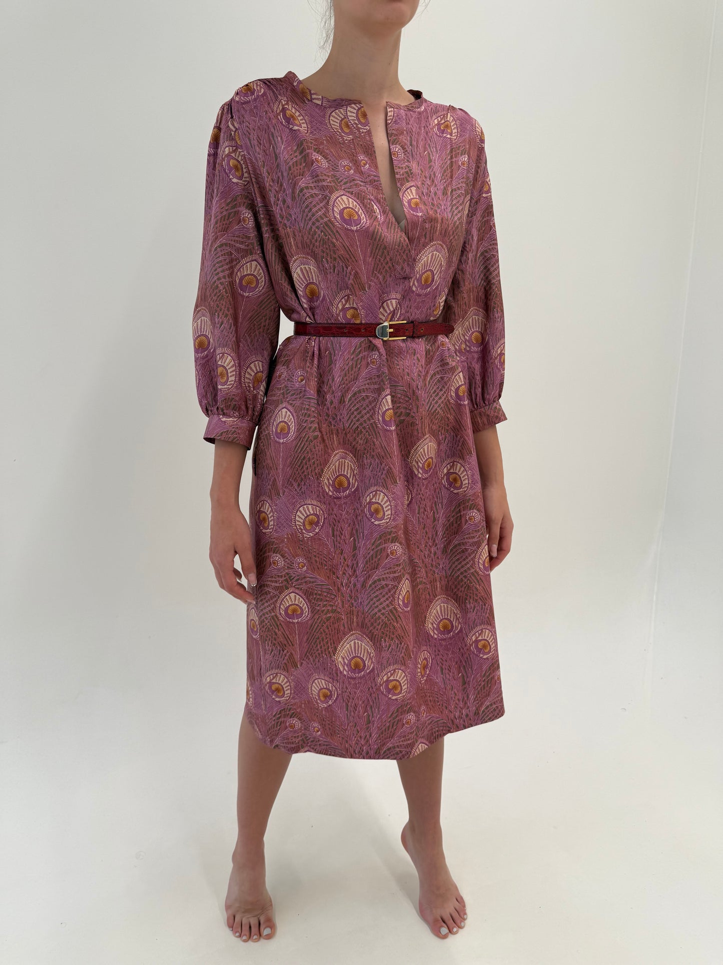 Rochie vintage petite din mătase naturală în croi lejer cu buzunare dusty pink