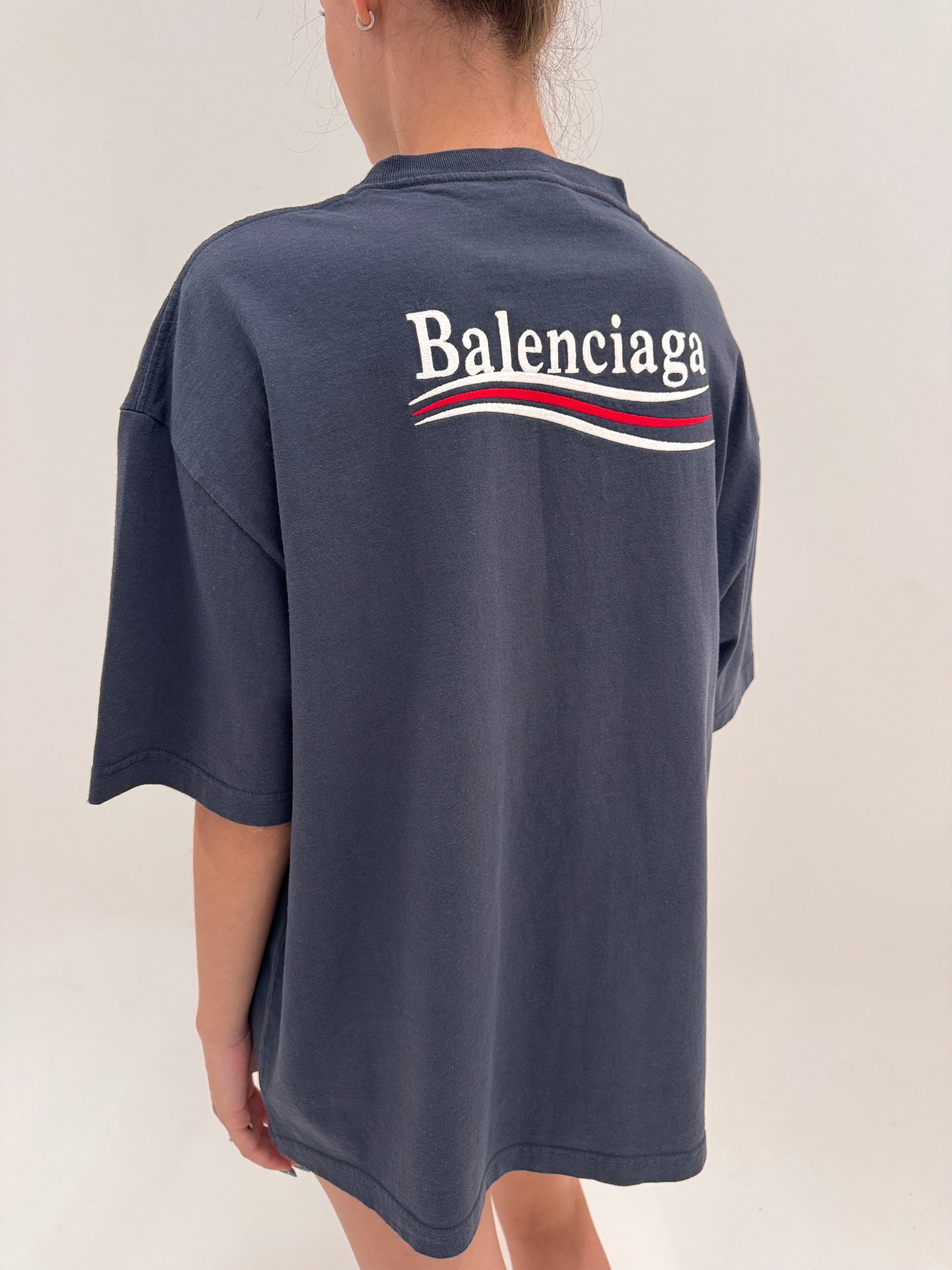 Tricou Balenciaga unisex oversized petrol gray din bumbac excepțional de gramaj mare