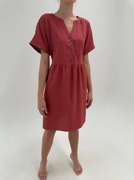 Rochie din in cu talie marcată ultra înaltă dusty red în croi minimalist