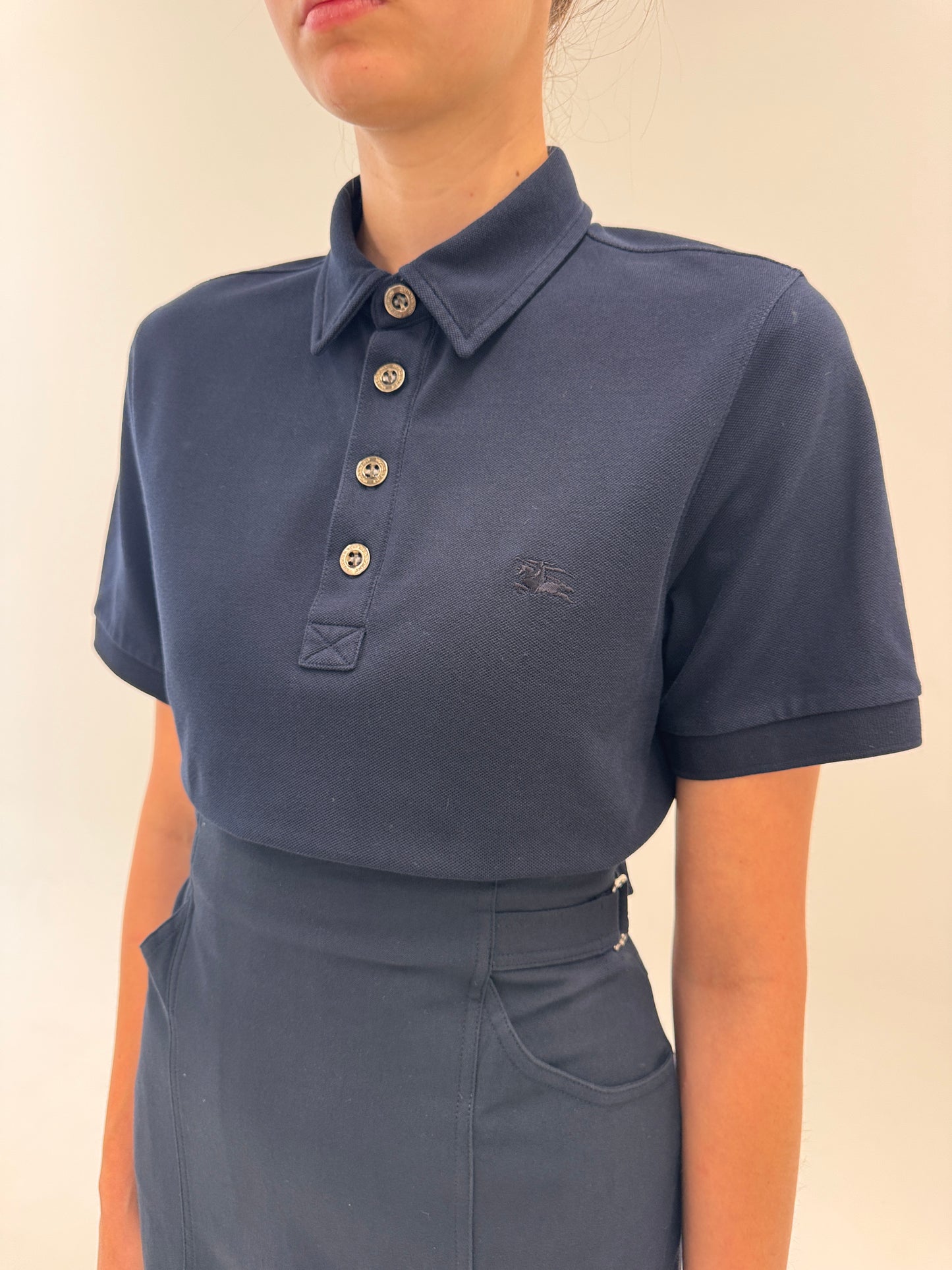 Top polo Burberry din bumbac pique excepțional specific anii 2000 Navy blue