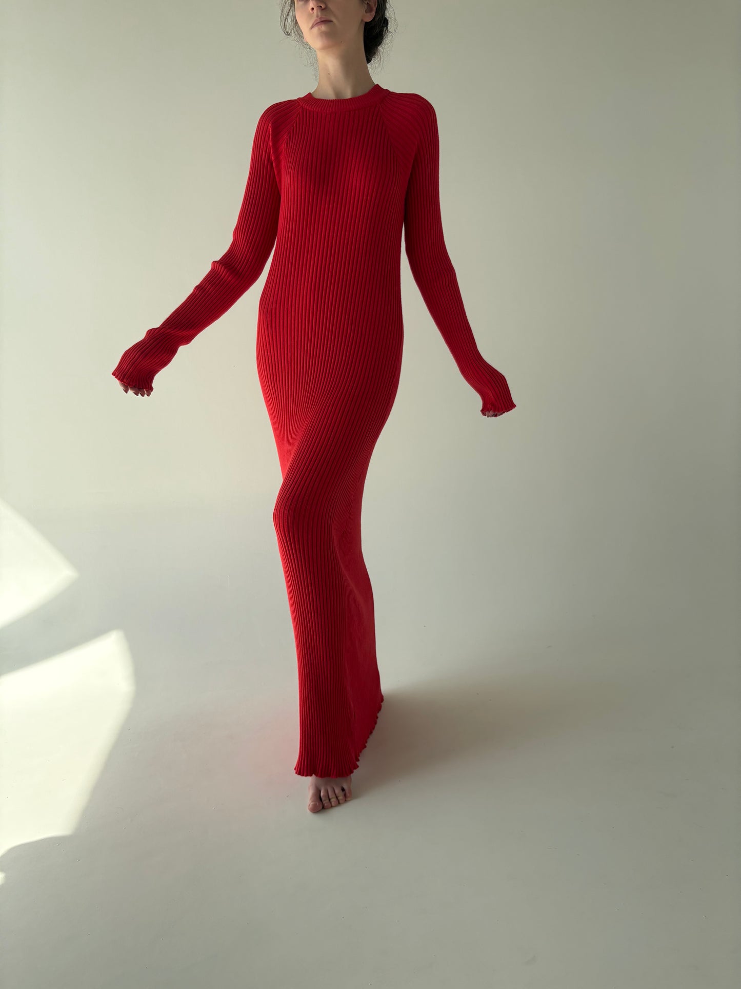 Rochie maxi tall din jerse ribbed de gramaj mare cherry red