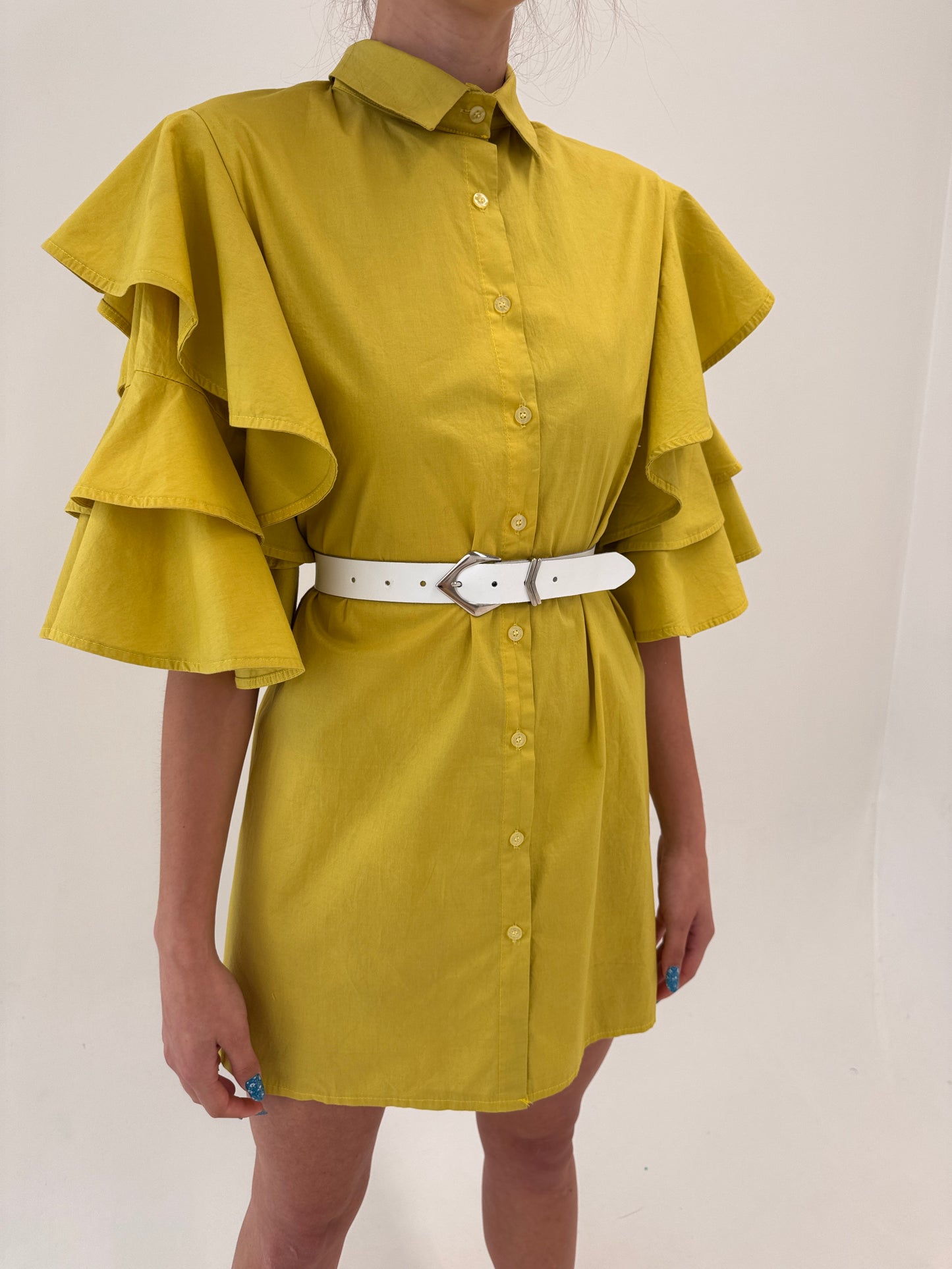 Rochie chartreuse cu mâneci spectaculoase din poplin de bumbac