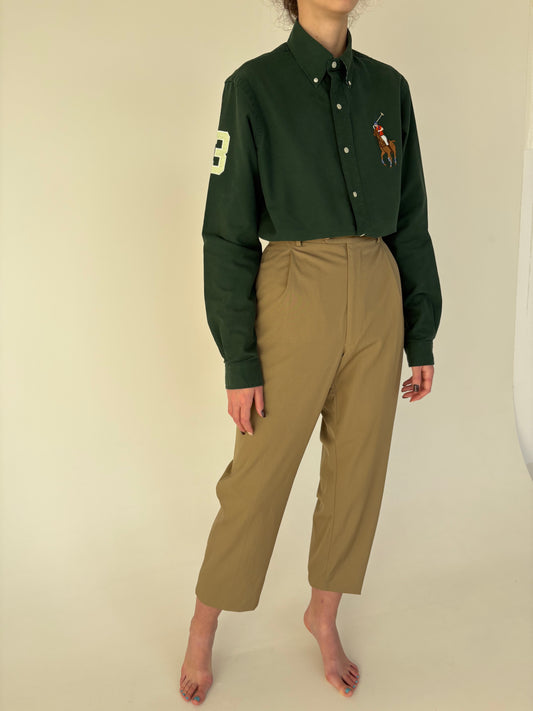 Pantaloni camel cu talie înaltă din lana extrafina cu pense