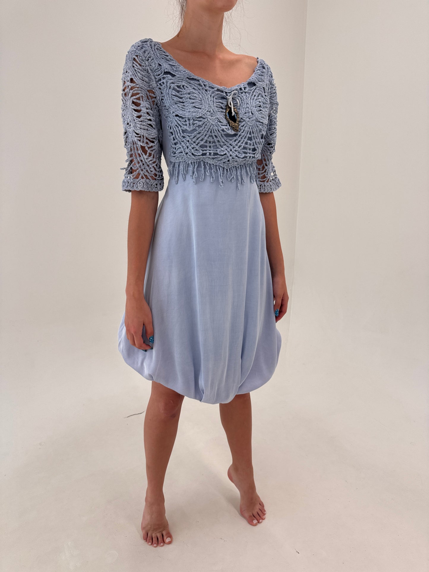 Rochie baby blue Elisa Cavaletti brand premium italian cu macrame în croi actual