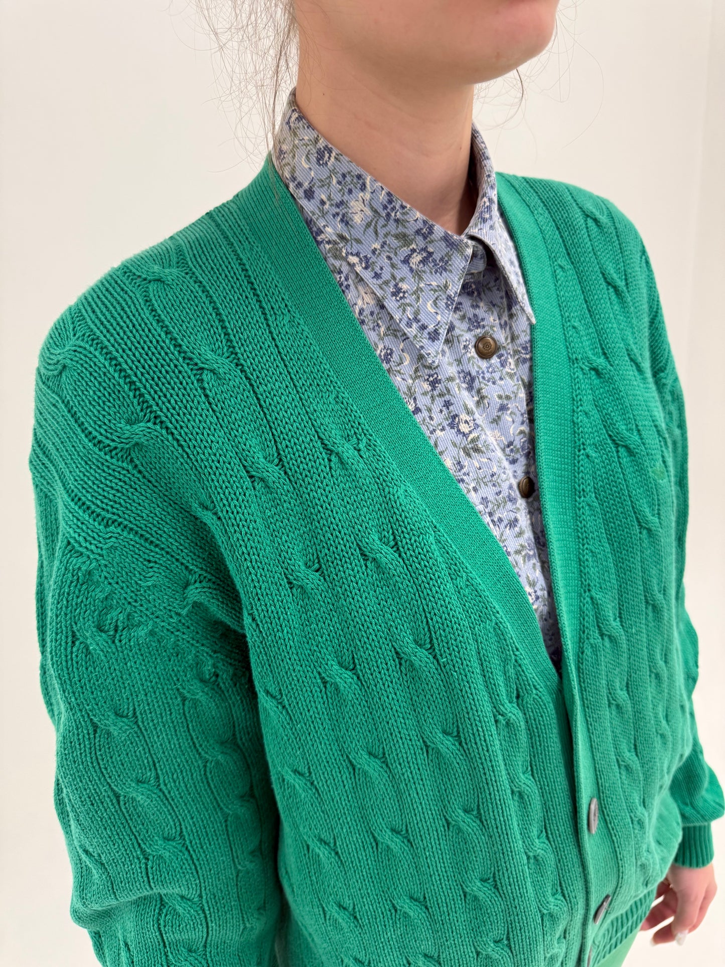 Cardigan vintage Armani din bumbac verde smarald cu torsade