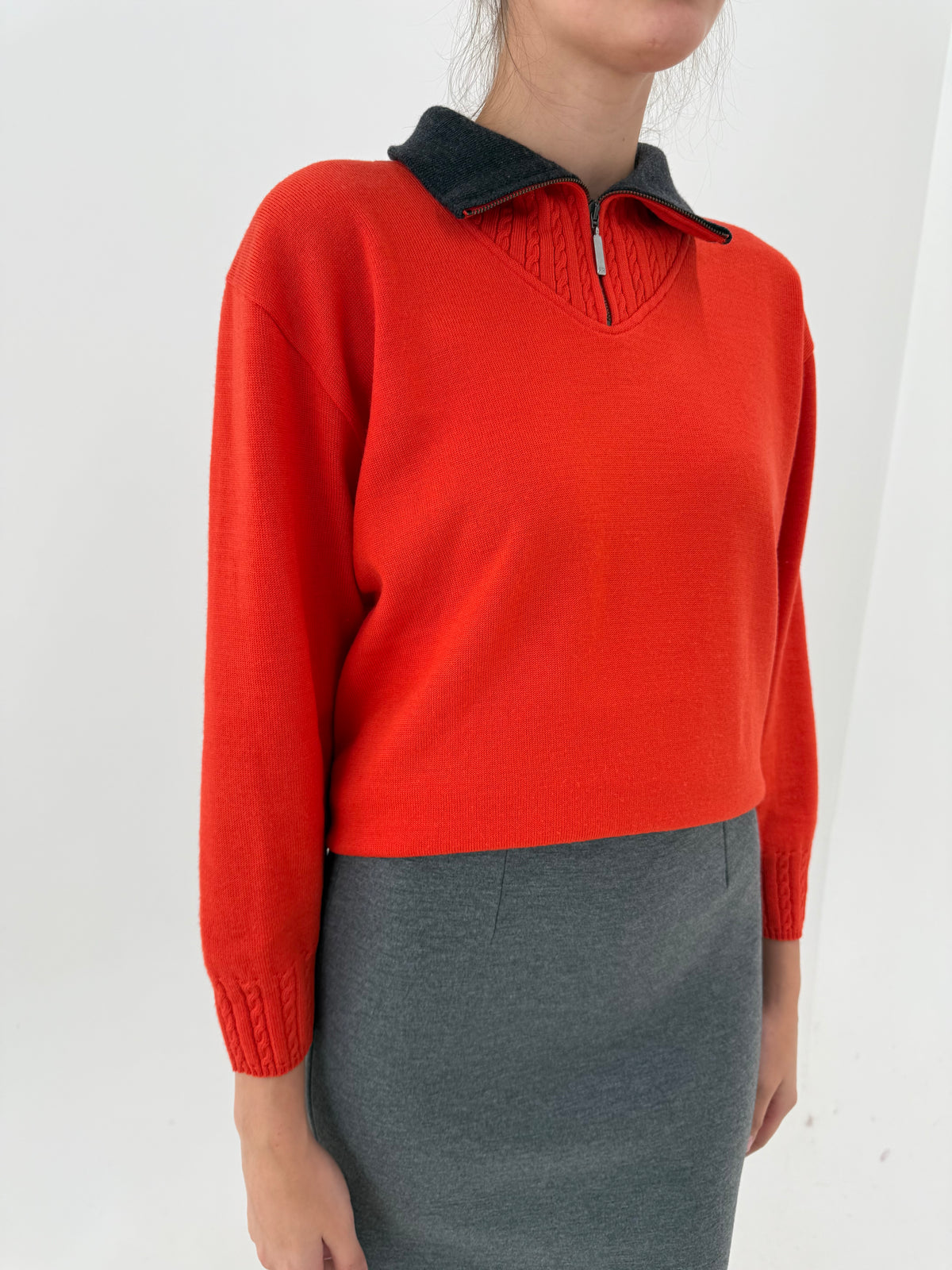 Maleta oranj quarter zip petite din lana extrafina pura virgină certificată