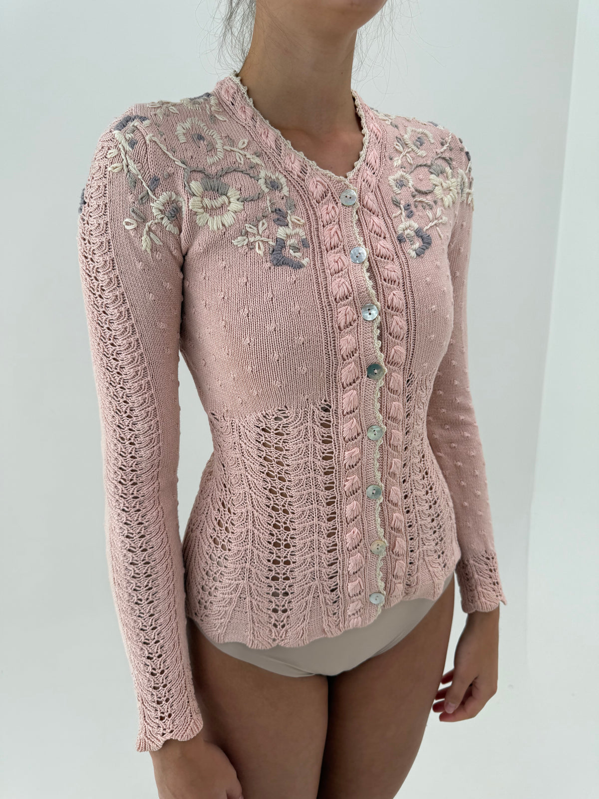 Cardigan vintage bijuterie cambrat cu broderie manuală excepțională din bumbac gros