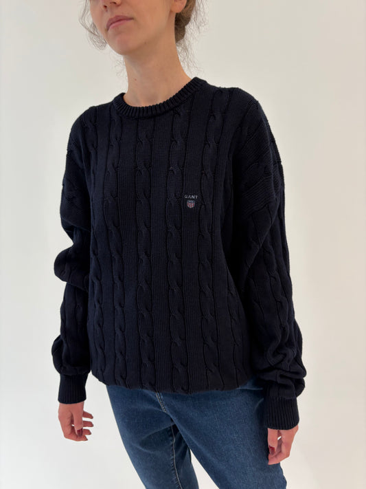 Pulover tall Gant dark Navy din bumbac de gramaj mare cu torsade