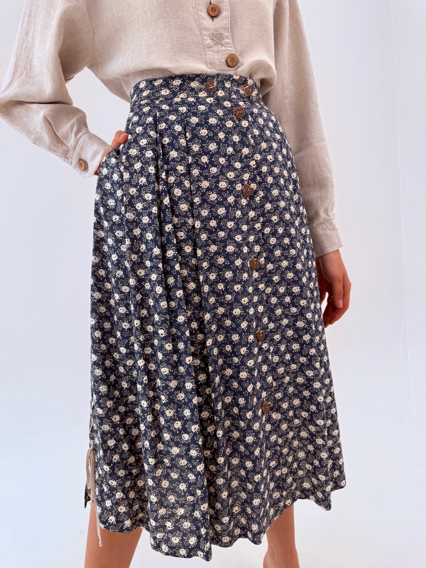 Fustă vintage jeans blue cu print delicat din pânză și talie ultra înaltă