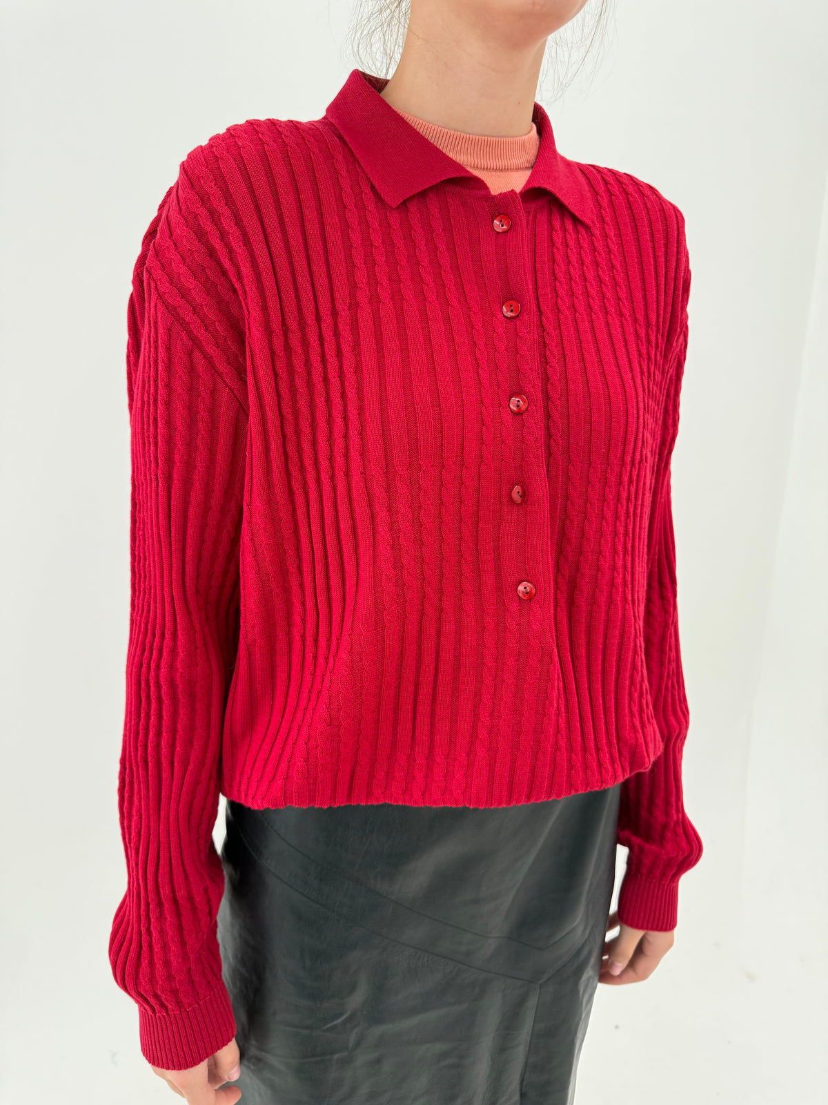Pulover vintage polo italian din lana merino extafina cu torsade raspberry red