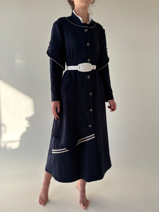 Rochie / Pardesiu Navy maxi cu buzunare și inserții contrastante