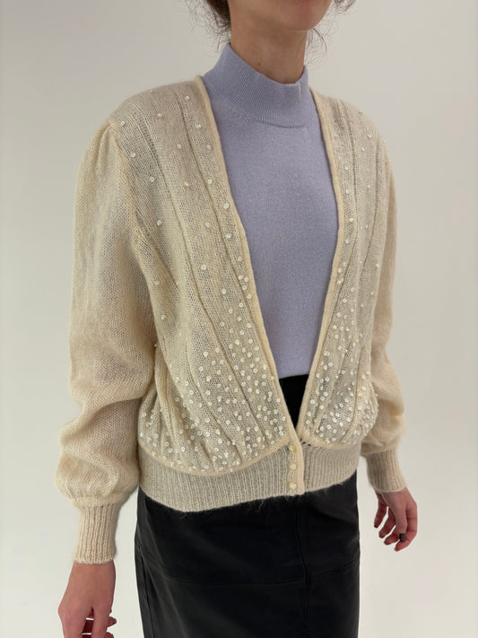 Cardigan vintage bijuterie din baby mohair cu aplicații manuale delicate