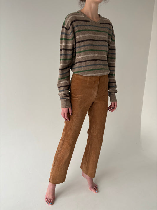 Pantaloni camel din piele naturală întoarsă tall in croi ușor evazat