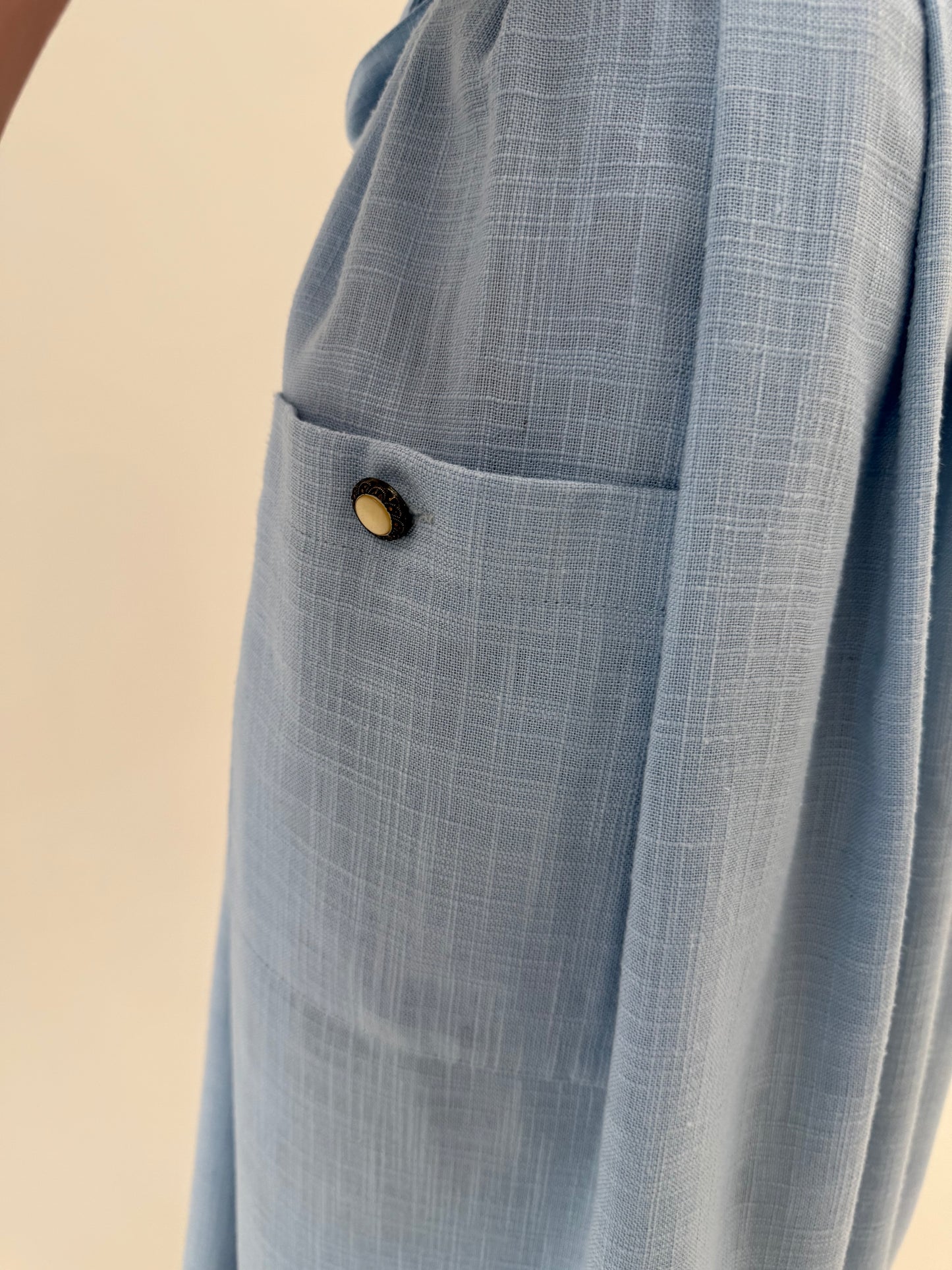 Rochie vintage baby blue din pânză de in cu talie ultra marcată reglabilă