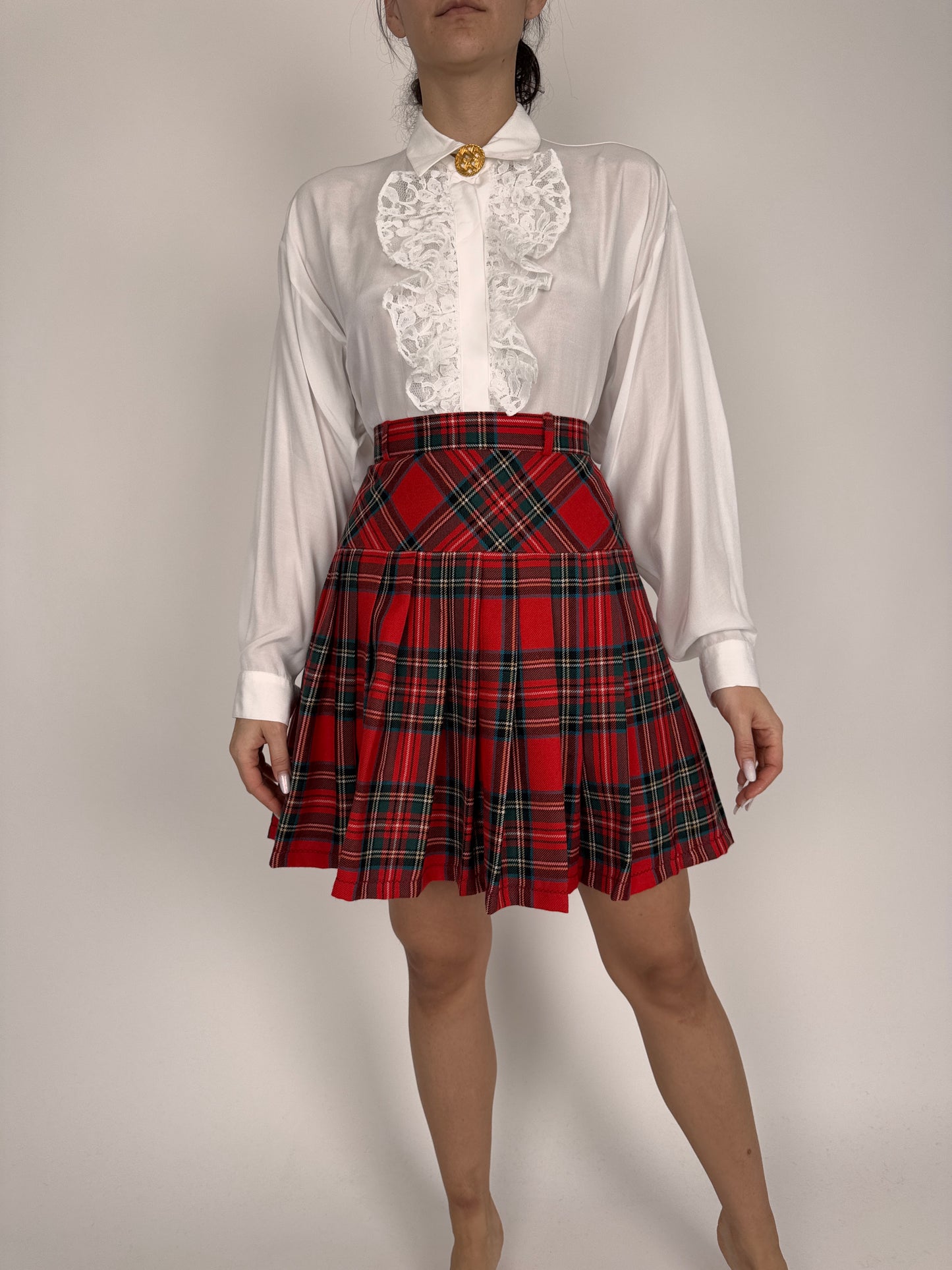 Fustă plisată cu talie ultra înaltă din Tartan de lana extrafina
