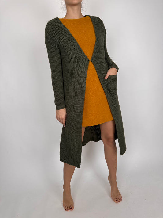 Cardigan lung army green din mix de lana extrafina texturat