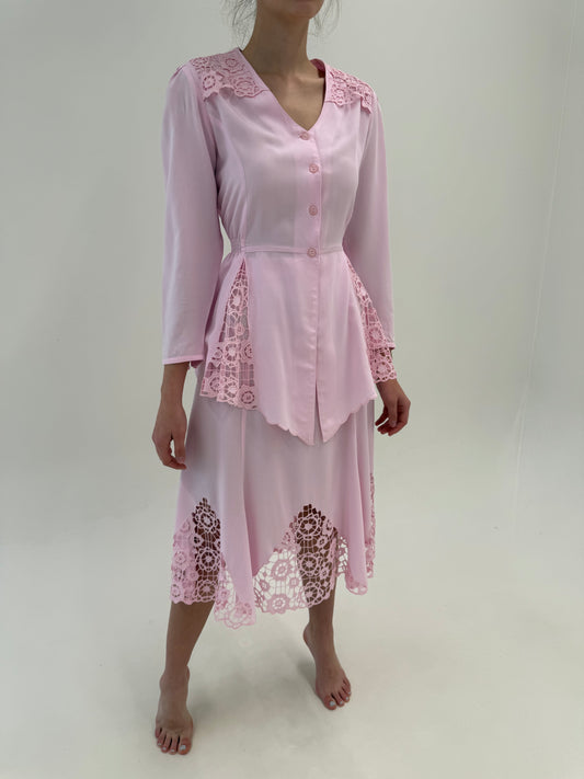 Set vintage powder Pink cu inserții de dantelă macrame și talie marcată elastică