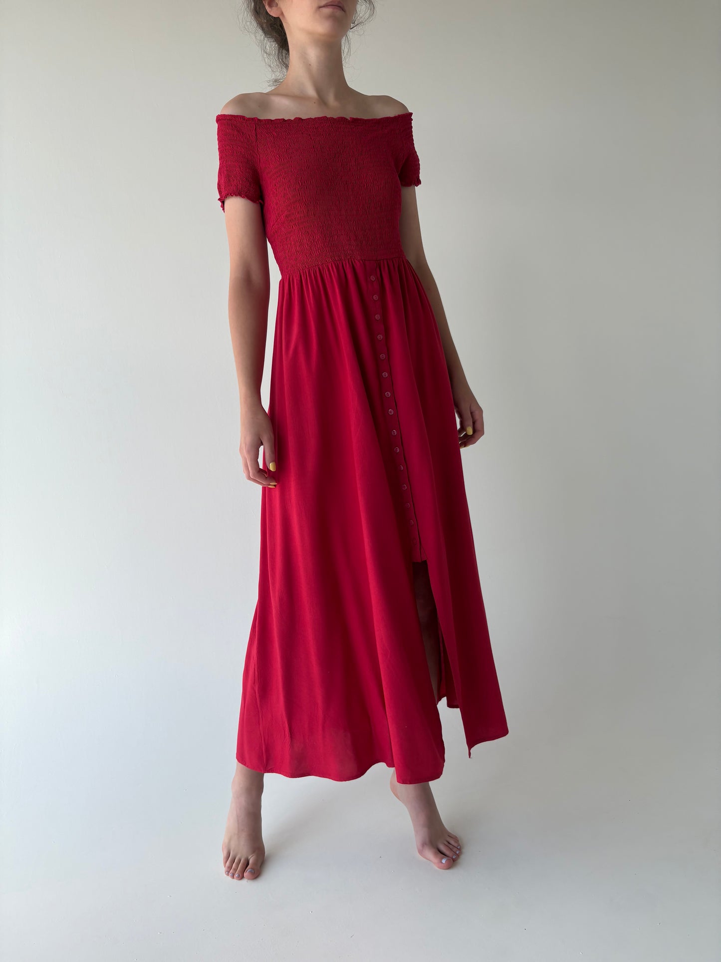 Rochie maxi roșu superb cu bust și talie elastice texturate