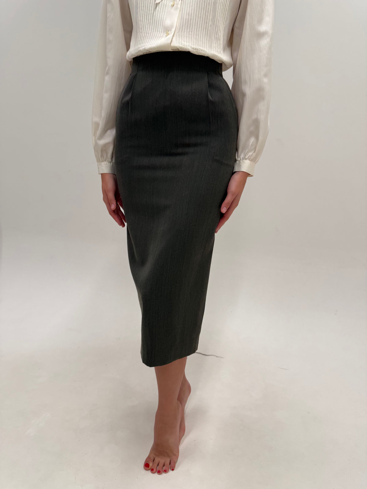 Fustă maxi creion din stofita de lana modelatoare cu talie extrem de marcată ultra înaltă