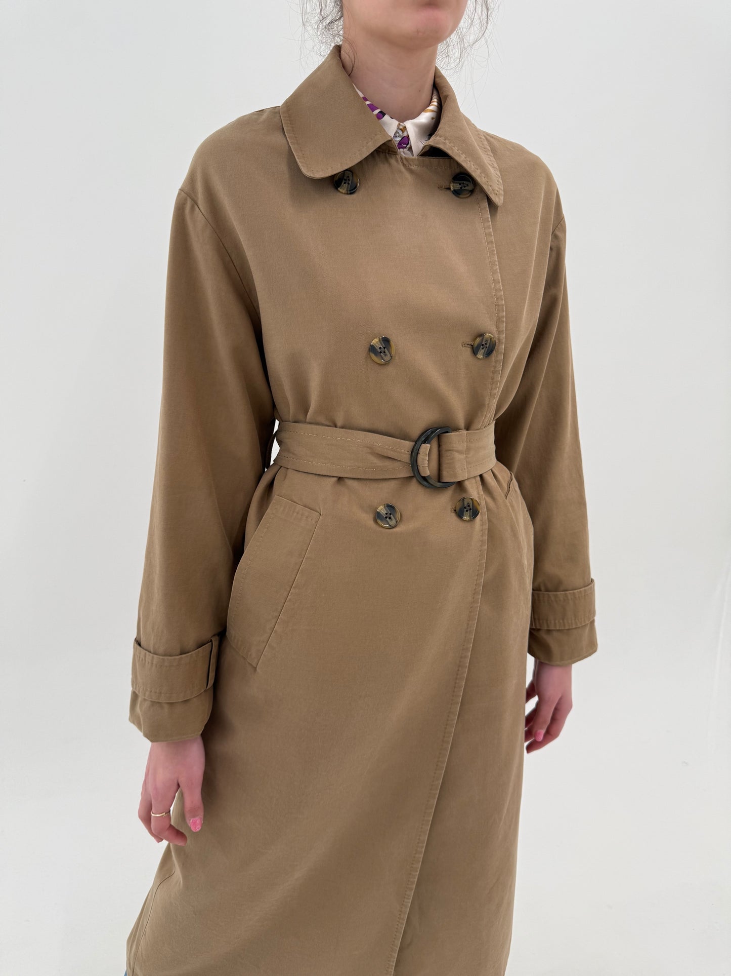 Trench în croi lung din gabardină moale de bumbac cu talie reglabilă