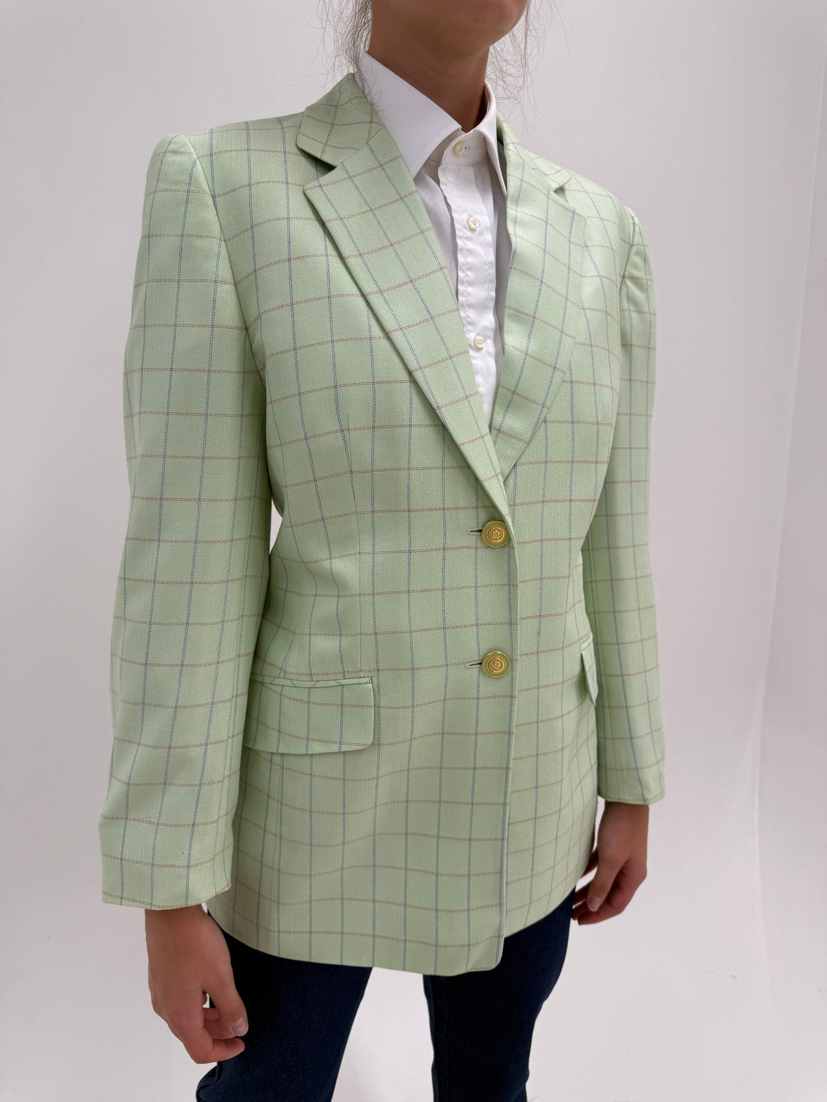 Sacou light green de brand premium din lana extrafina și mătase naturală în carouri fine