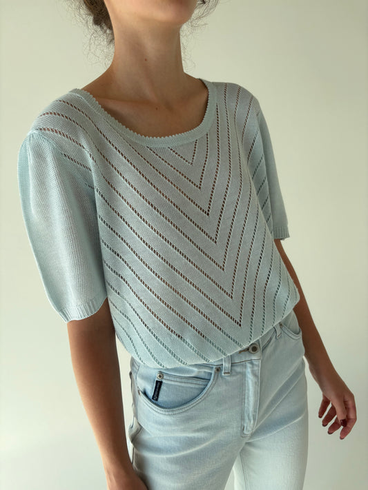 Top vintage baby blue din jerse dantelat