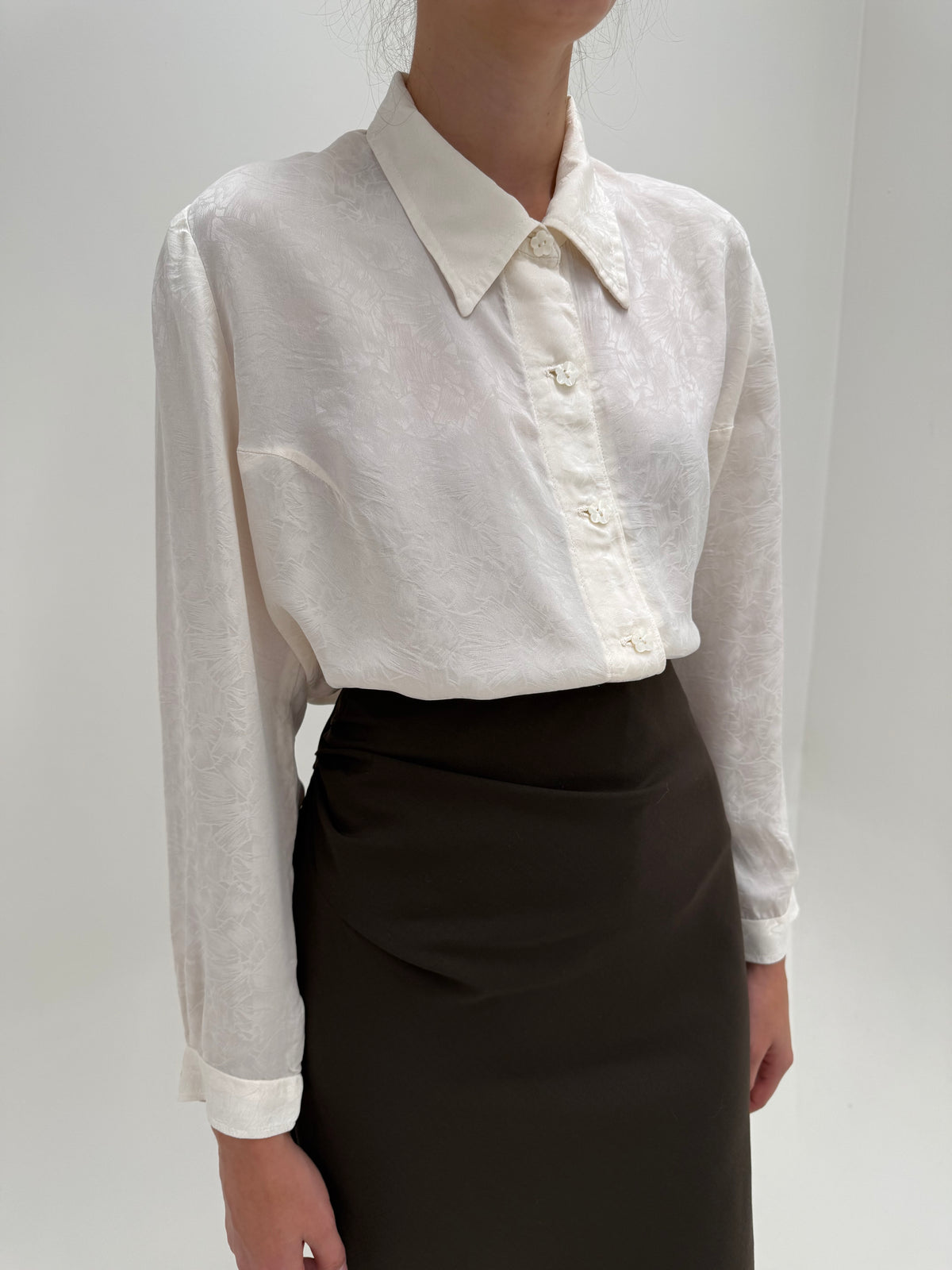 Cămașa vintage din mătase naturală cu print jacquard în croi lejer