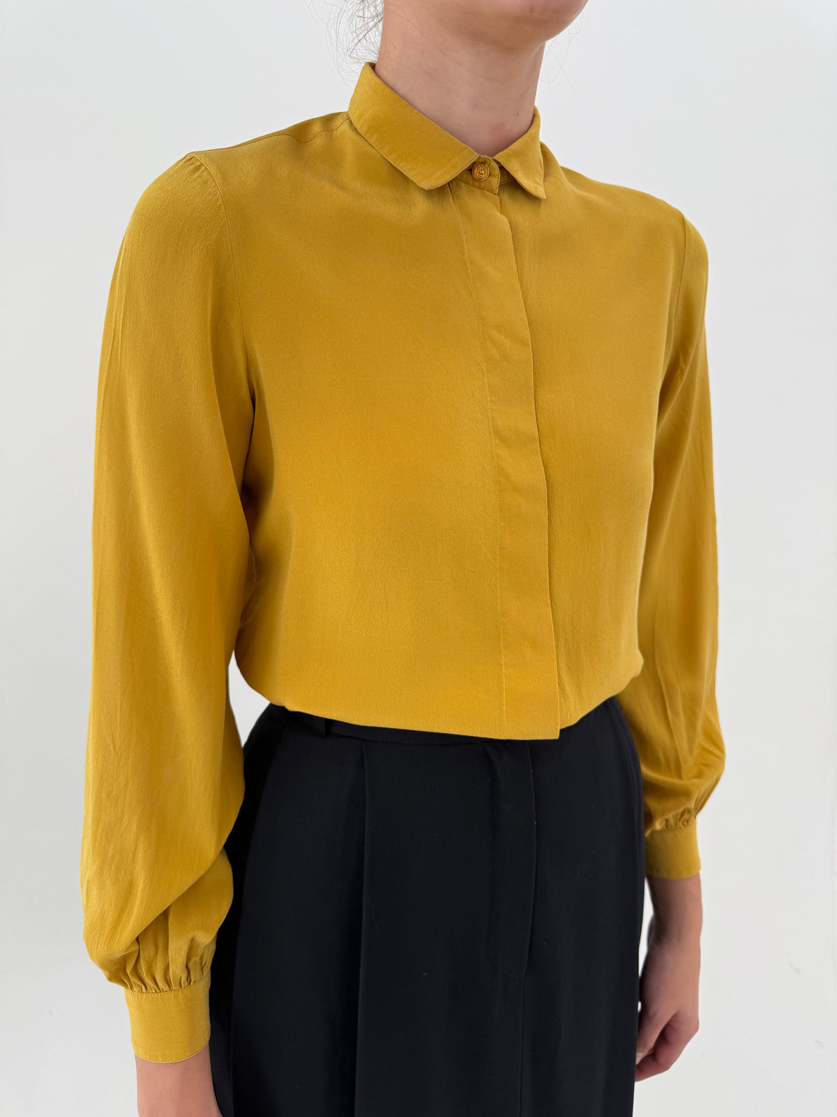 Cămașa vintage petite mustard yellow din mătase naturală