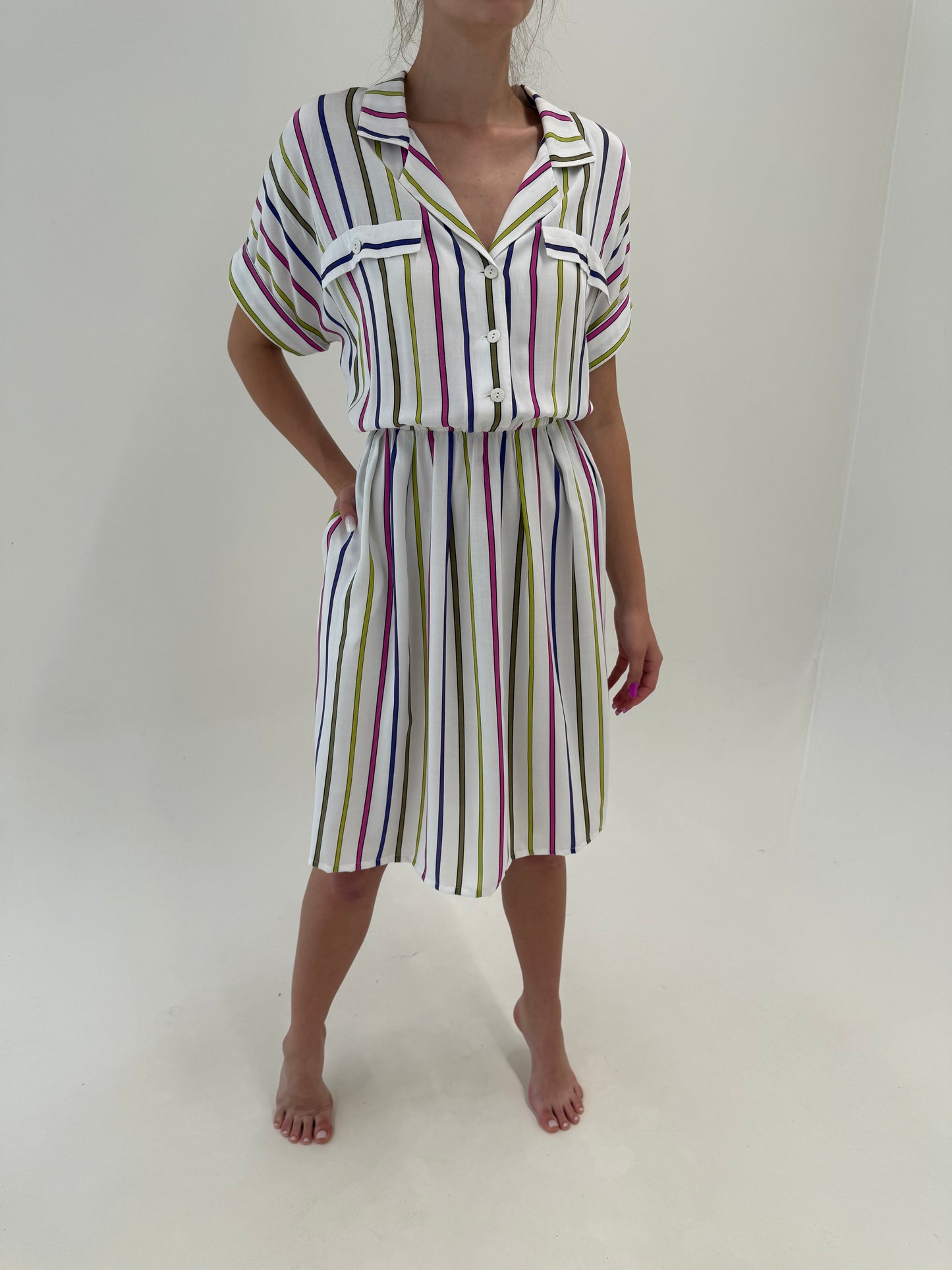 Rochie vintage super vaporoasă în dungi cu talie ultra înaltă elastică