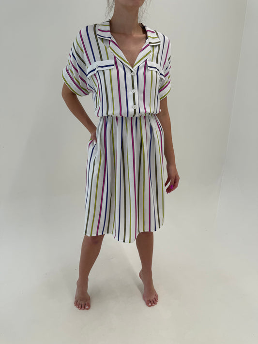 Rochie vintage super vaporoasă în dungi cu talie ultra înaltă elastică