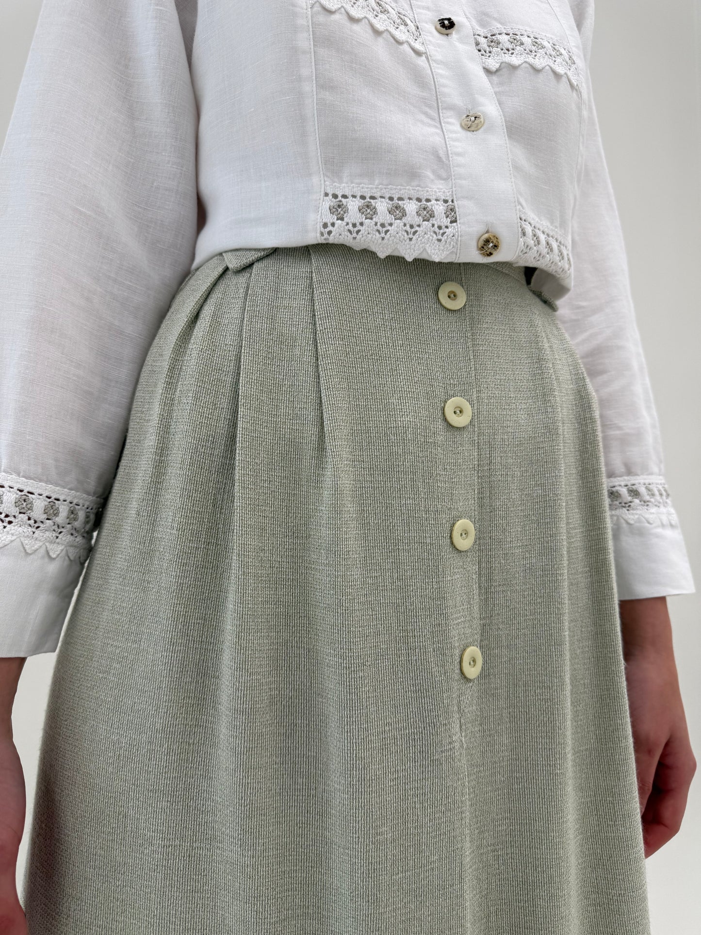 Fusta vintage din pânză grea naturală light Sage green midi lung
