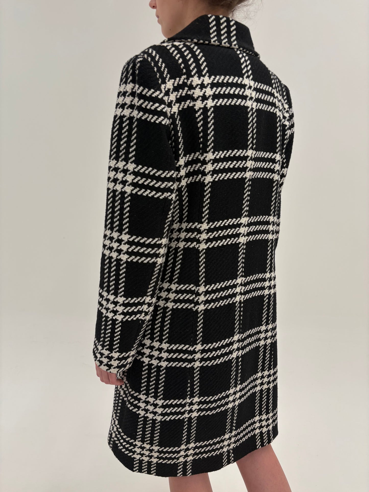 Palton din stofă plină pied de coq alb negru și carouri