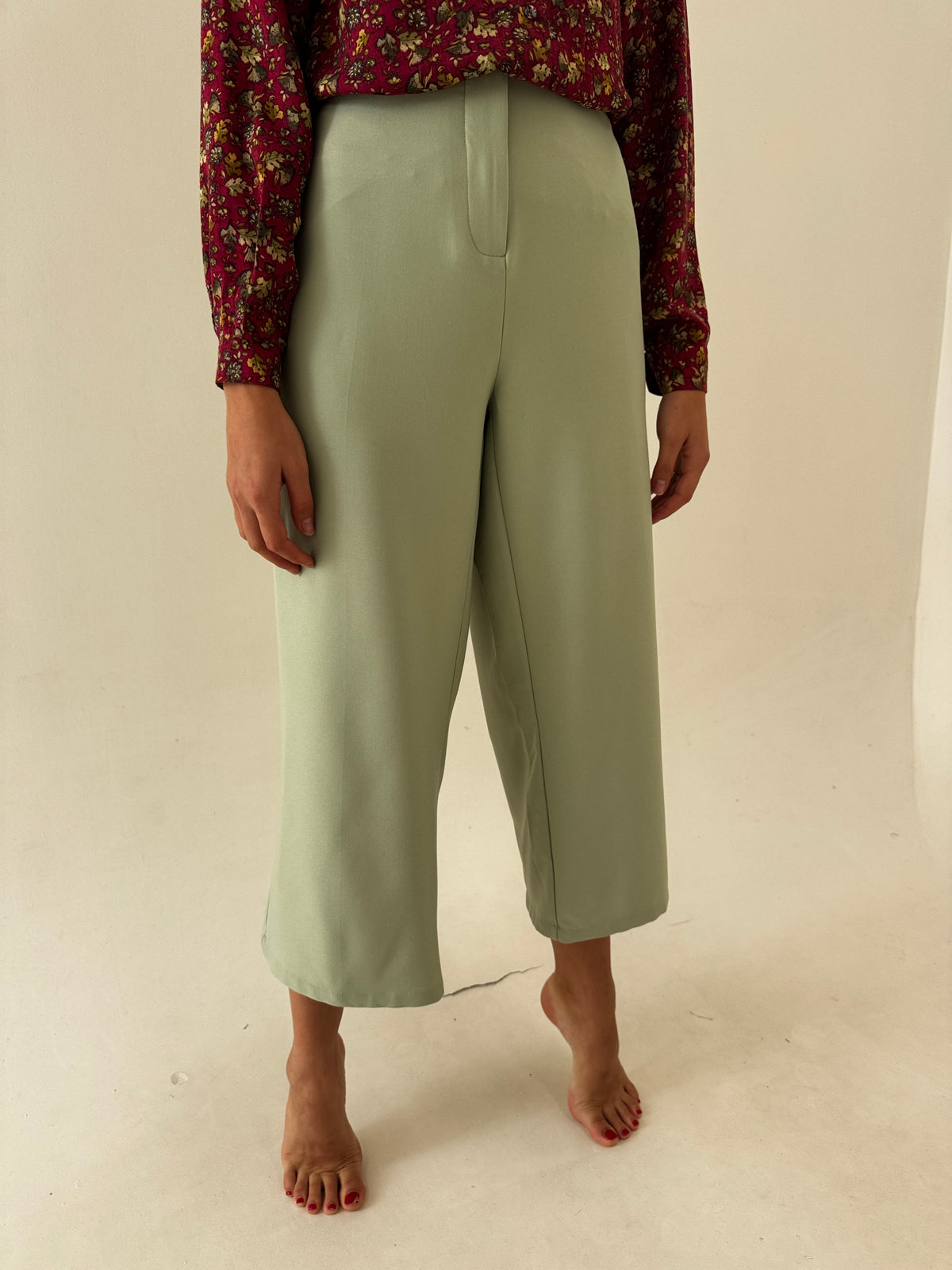 Pantaloni petite light green din twill gros ultra confort de toamnă cu talie înaltă