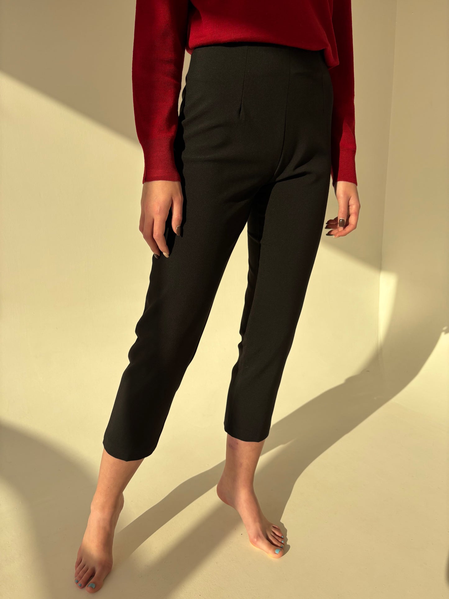 Pantaloni negri petite țigaretă din stofă confort din mix de lana extrafina