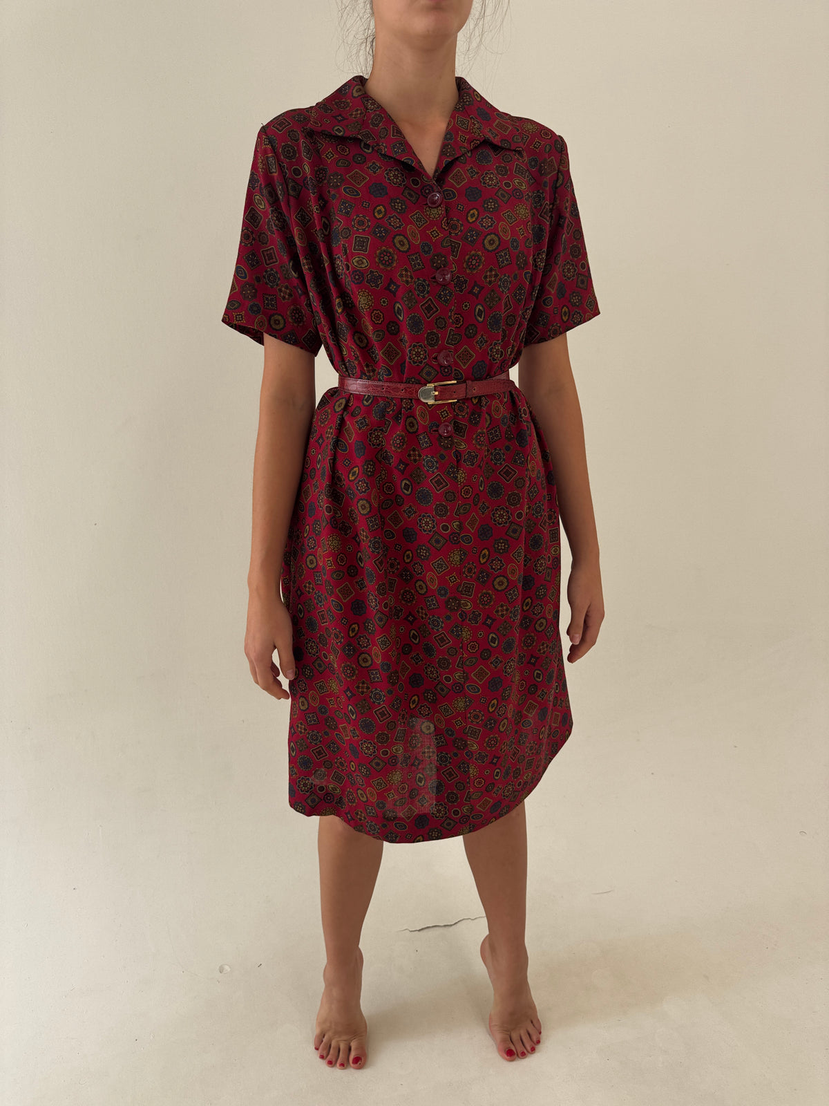 Rochie vintage burgundy din lana excepțională extrafina imprimată manual