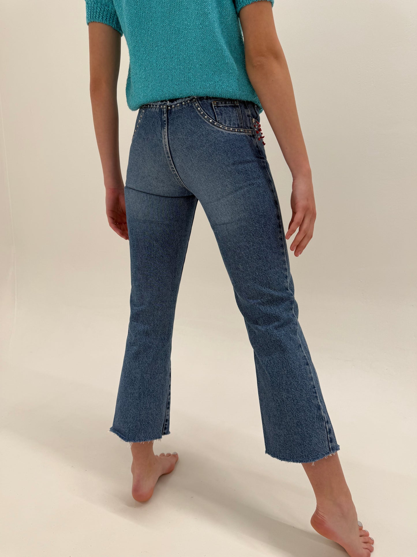 Jeans vintage petite Blumarine de vară cu aplicații în croi super revenit în trend