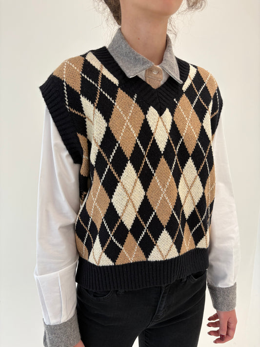 Vestă în nuanțe neutre cu romburi din mix de lana extrafina
