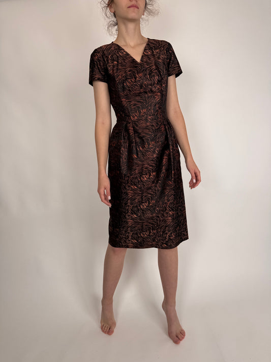 Rochie vintage din brocart de mătase naturală arămiu cu negru