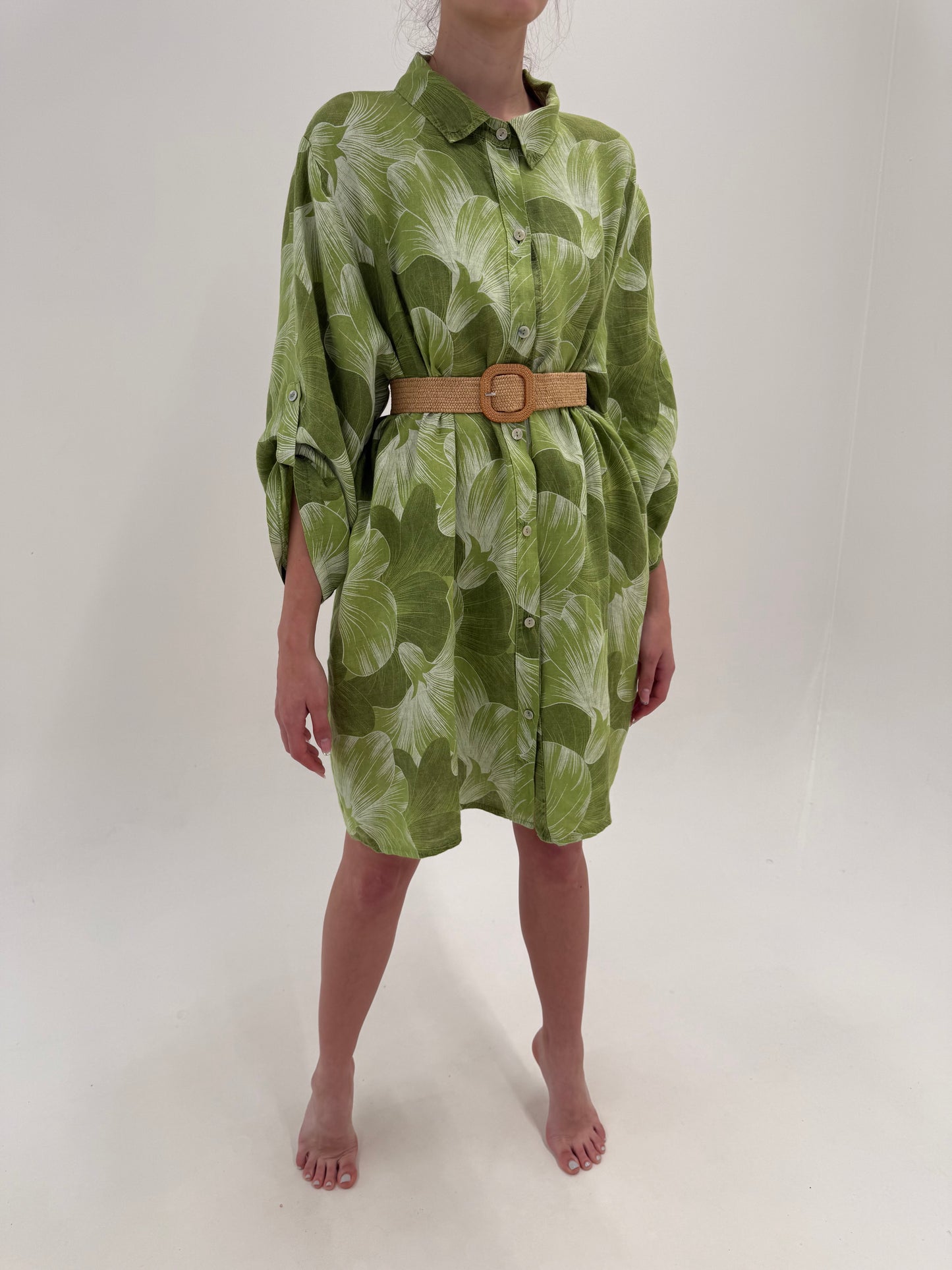 Tunica în croi lung / rochie din in premium cu print organic în nuanțe de verde