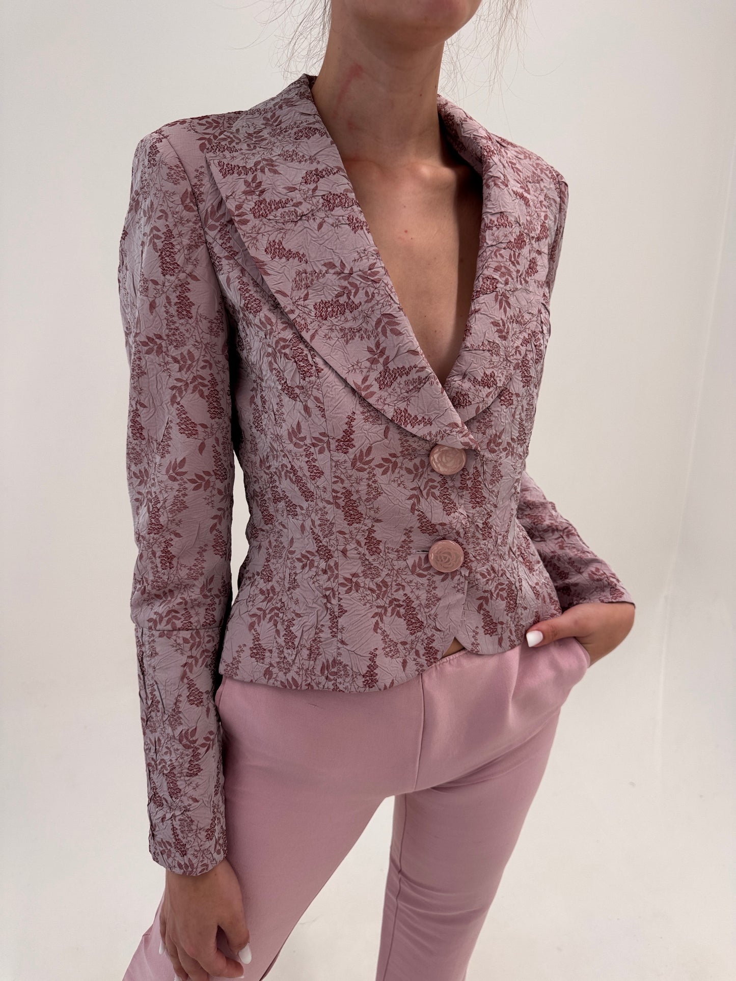 Sacou vintage ultra cambrat dusty powder pink cu revere late