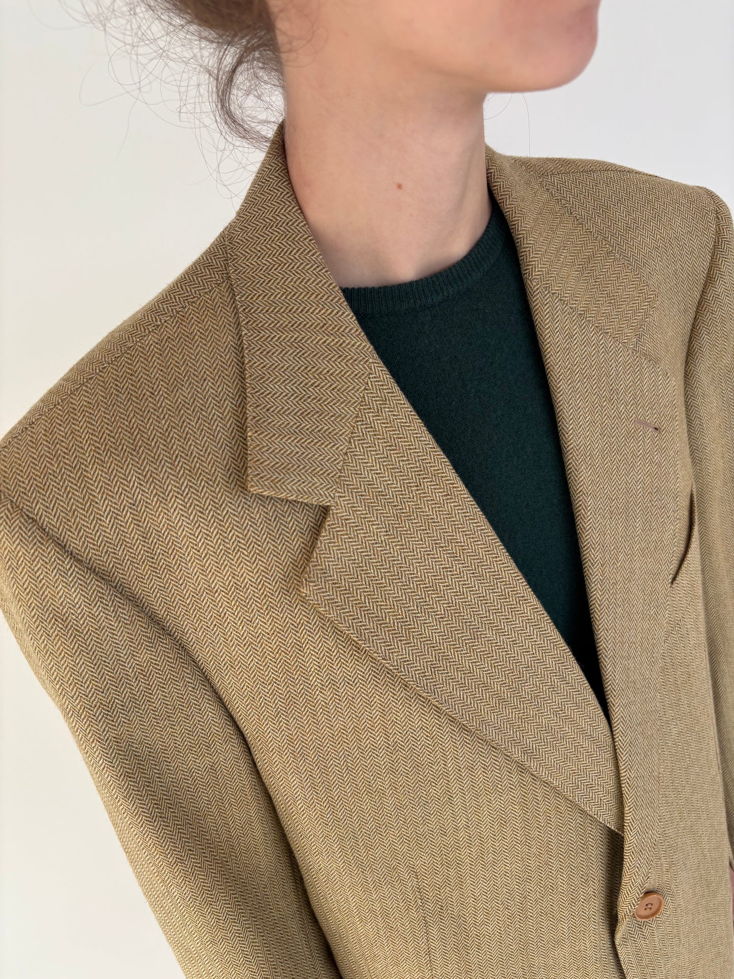 Sacou italian couture camel din stofă de lana și cașmir herringbone