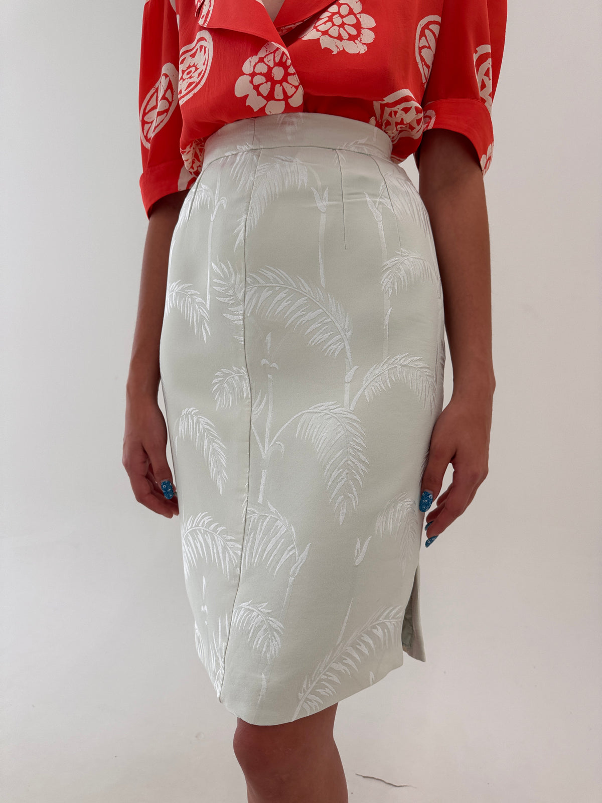 Fustă Louis Feraud vintage luxury din jacquard 50% mătase naturală mint green
