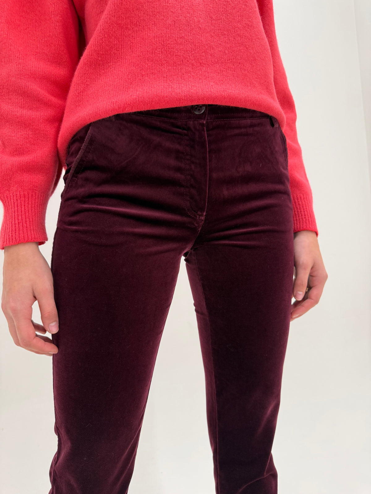 Pantaloni burgundy Luisa Spagnoli din catifea ultra confort petite