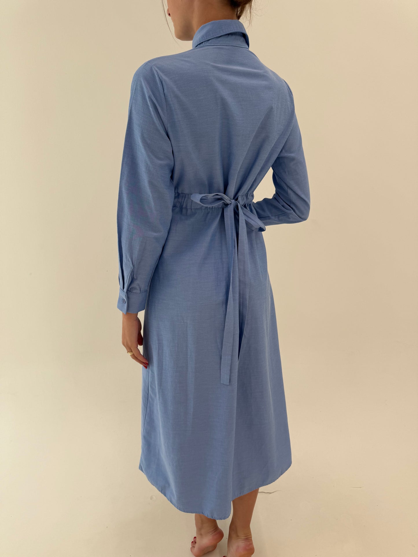 Rochie maxi baby blue din bumbac gros cu talie marcată reglabilă