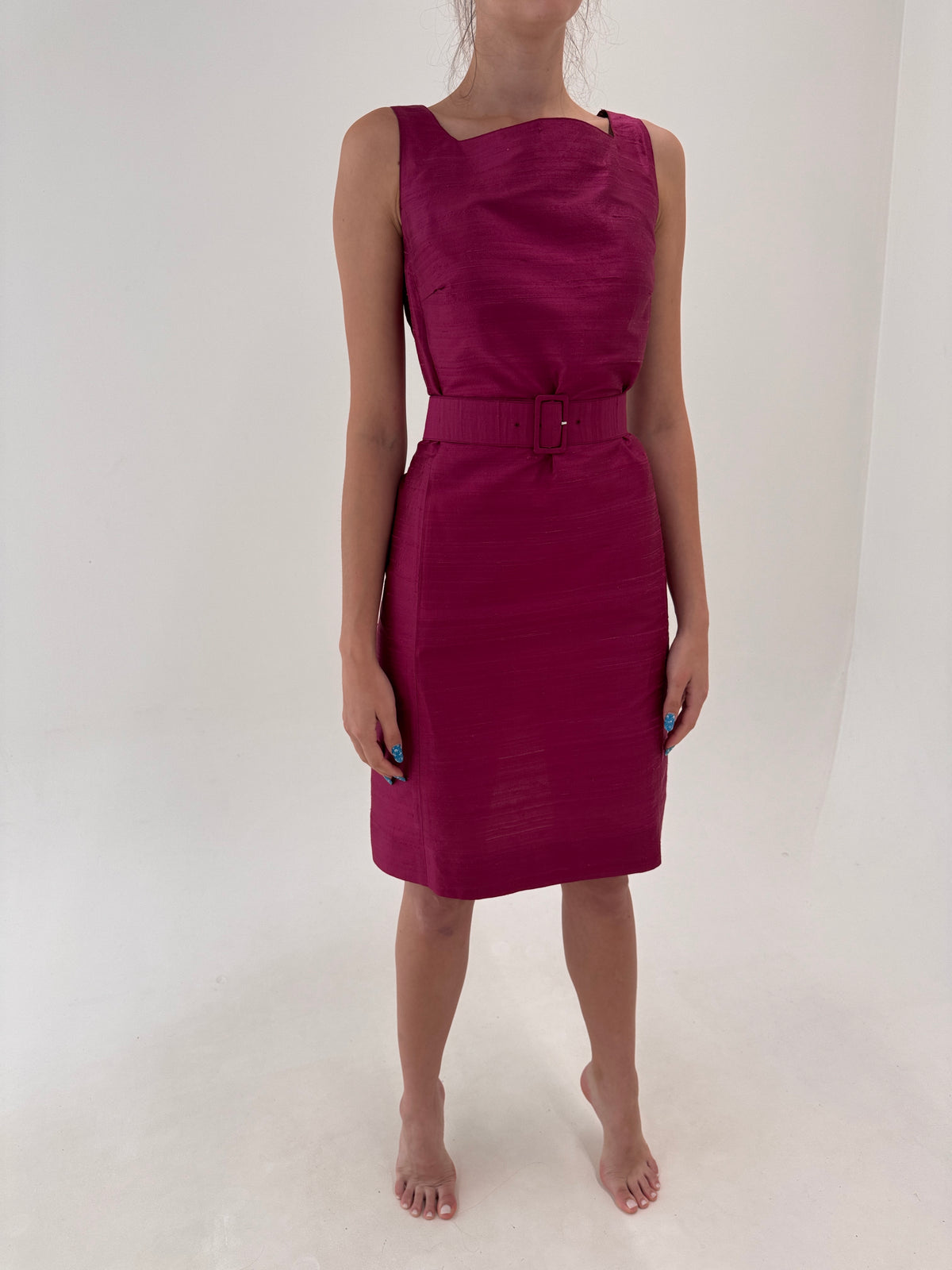 Rochie magenta din mătase naturală dupioni cu talie marcată de la zi la seară