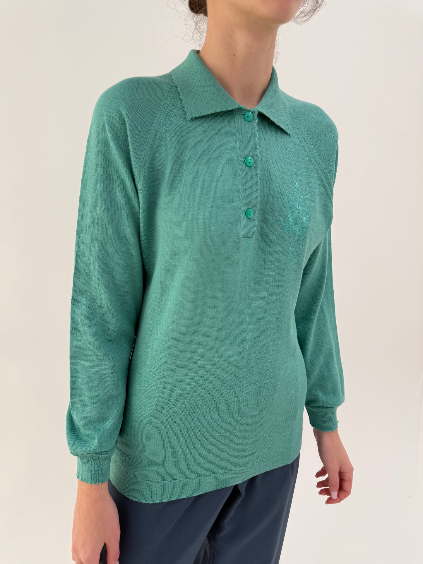 Pulover vintage polo mint green cu broderie din lana extrafina