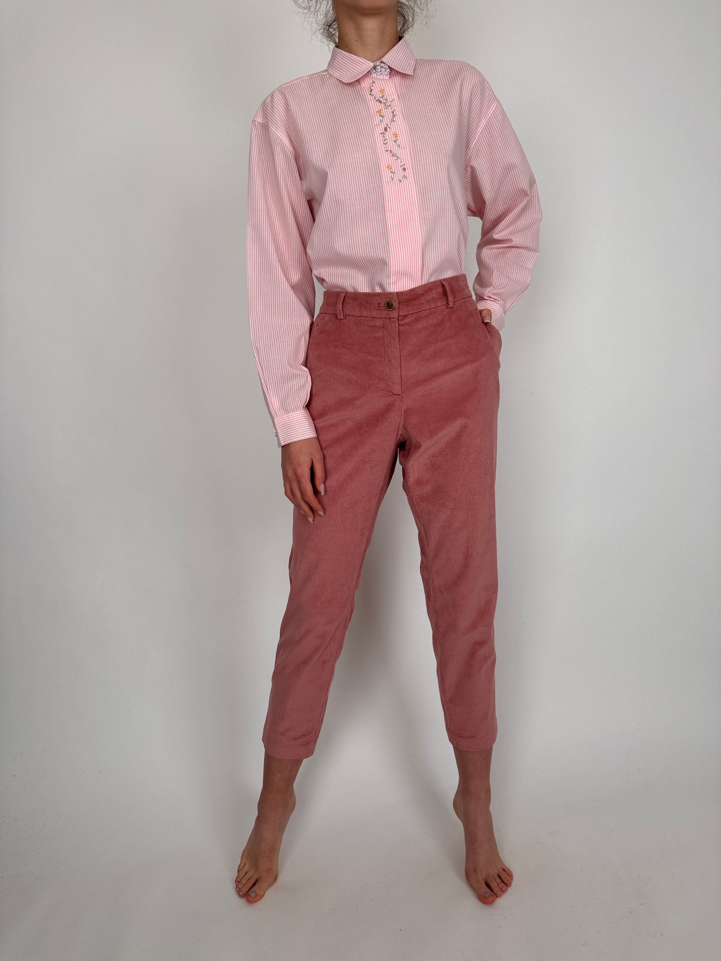 Pantaloni rose pink din catifea plină ușor strech