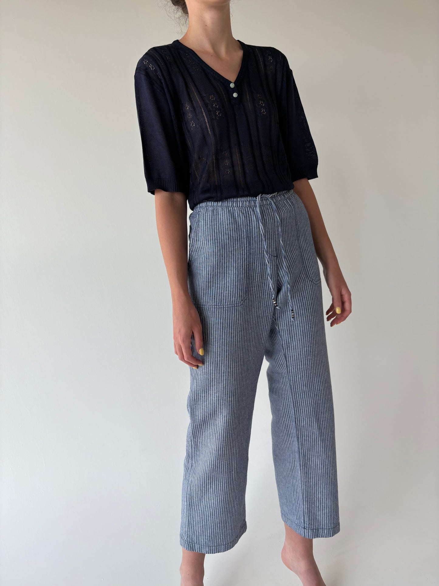 Pantaloni din in cu talie elastică use reglabilă jeans blue